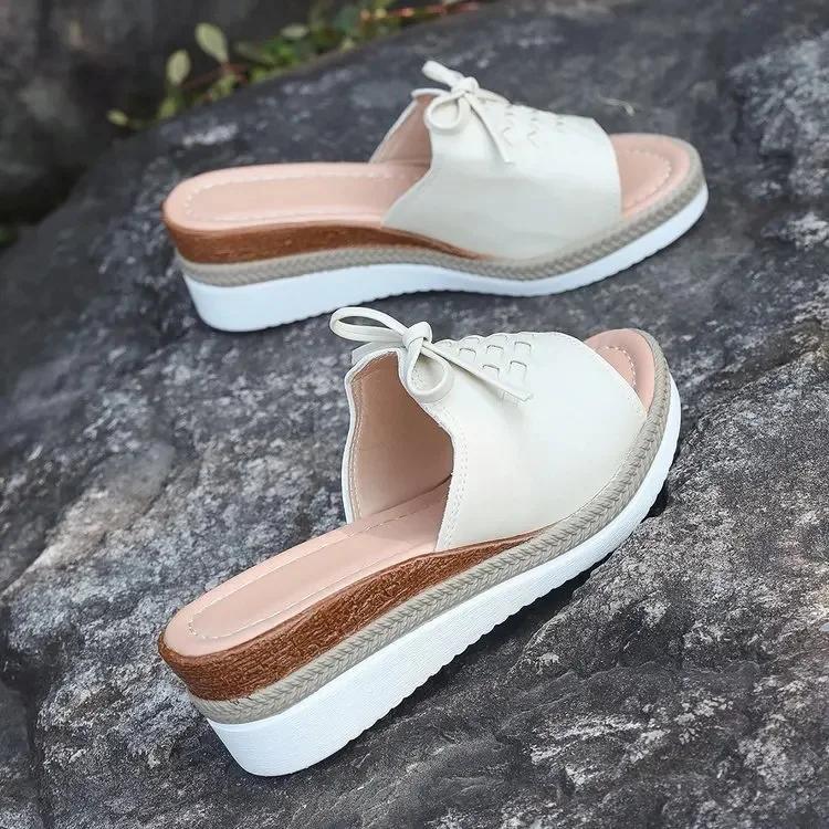 

Fashion Pu Leather Women s Wedge Sandals Summer 2025 Bowknot Open Toe Plus Size Rome Sandals Woman Comfortable Lightweight Beach Sandles 36 бежевый