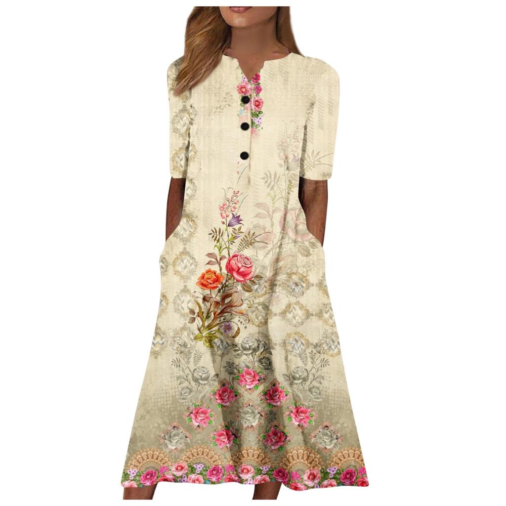 Women's Summer Casual Printing Fashion V-neck Short Sleeved Beach Swing Skirt