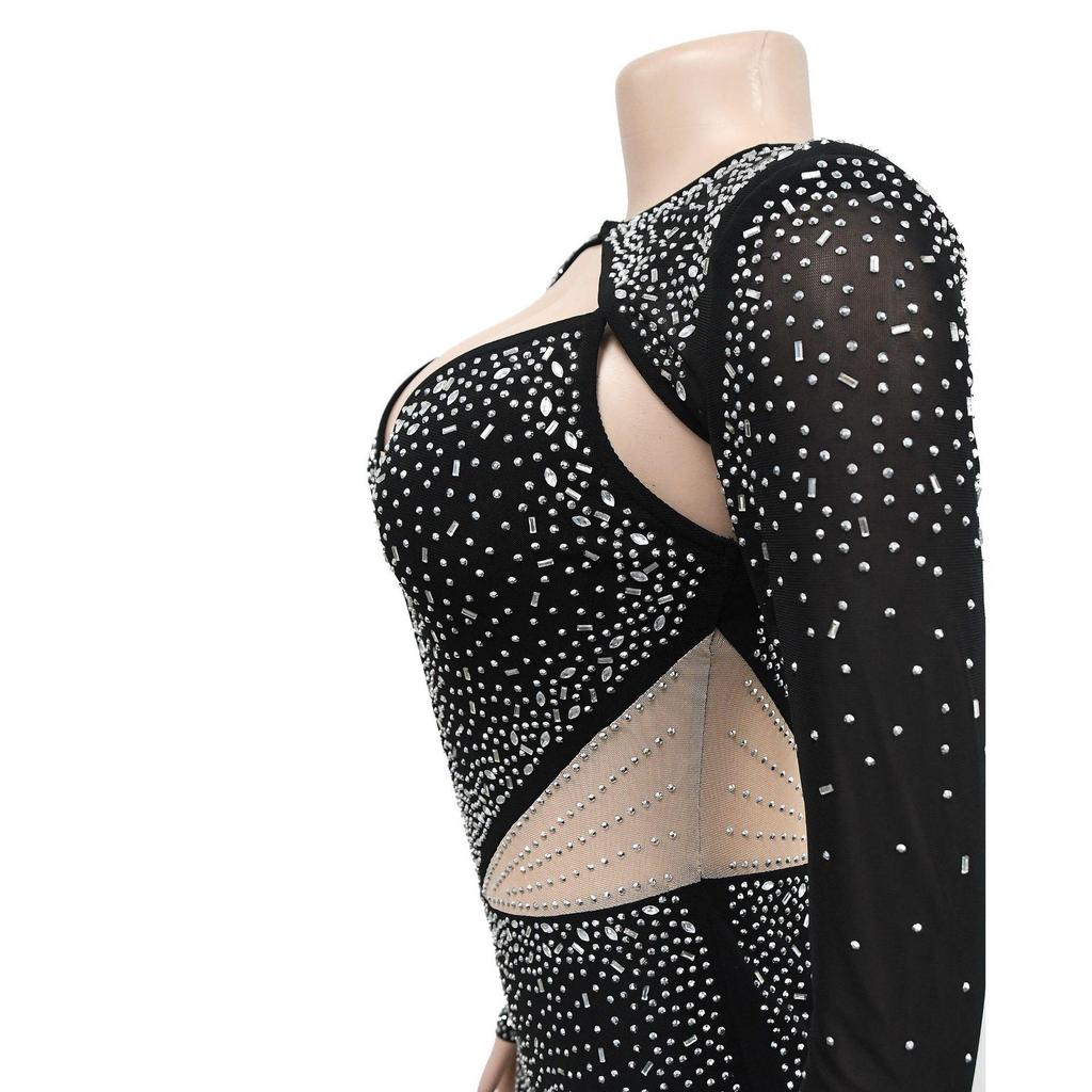 C6312 Fashion Women's Mesh Hot Drilling Solid Color Long Sleeve Short Skirt Dress