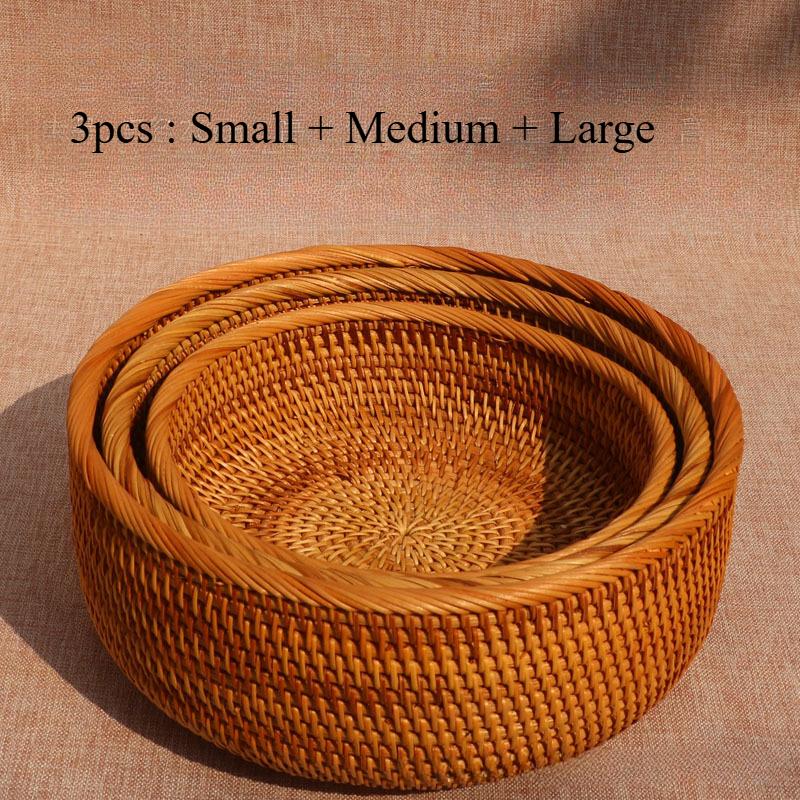 1pc/3pcs Rattan Fruit Basket Circular Woven Decorative Serving Basket Steamed Bun Basket Home Desktop Storage Box
