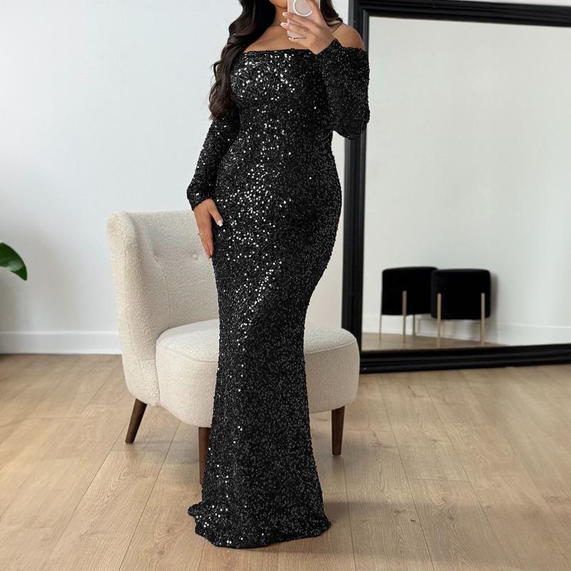 Women Plus Size Off Shoulder Sequin Maxi Dress Long Sleeve Bodycon Mermaid Evening Gown S