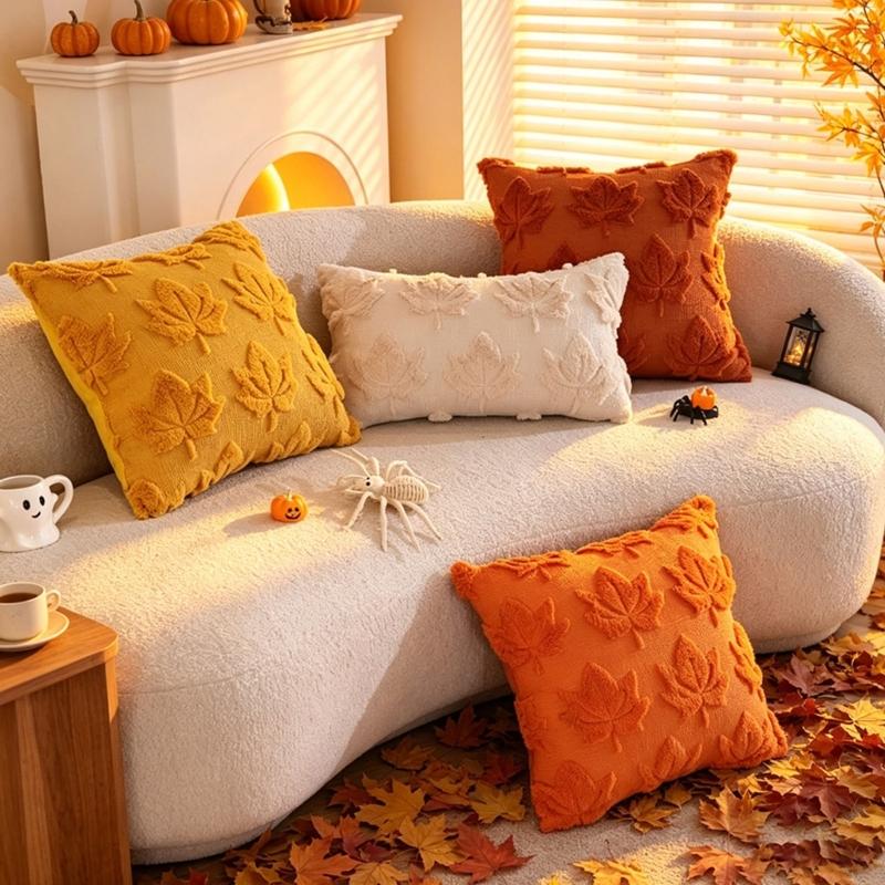 Fall Pillow Cover 45 x 45 cm Tufted Leaf Pattern Polyester Pillow Case, 1 Pack for Living Room Sofa Styling Use