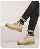 Men's Large Size Winter Genuine Leather Martin Boots, Thick Sole, High-Top, Outdoor, Plus Velvet, Yellow Work Boots.