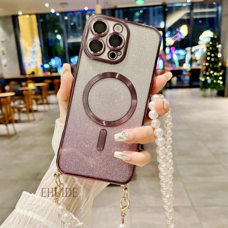 Case For Samsung Galaxy A16 A36 A06 A55 A35 A15 A25 A05 A05S Magsafe Magnetic Pearl Crossbody Cord Lanyard Strap Glitter Cover