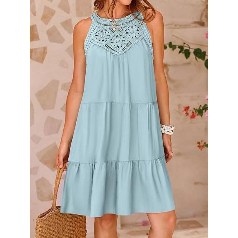 Damen Halter Neck Ärmellos Häkeldetail Lockerer Schnitt Sommer Swing Kleid