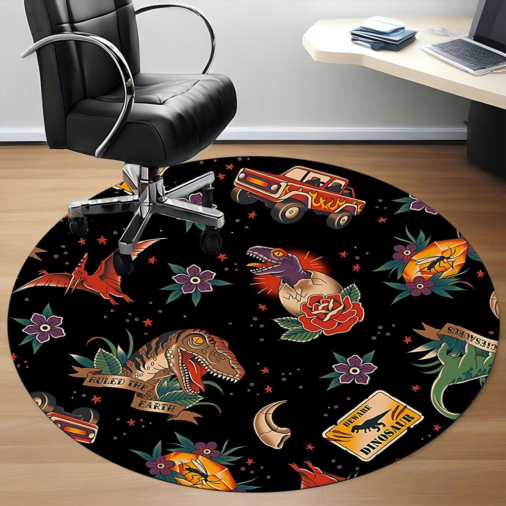 1PC Dinosaur Floral Office Round Area Rug, Mat Suitable For Office, Under Office Chairs Bedroom Living Room Home Decor, Room Deco