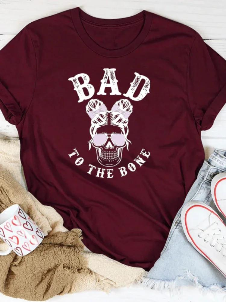 BAD TO THE BONE Skull Head Print Women T Shirt Short Sleeve O Neck Loose Women Tshirt Ladies Tee Shirt Tops Camisetas Mujer