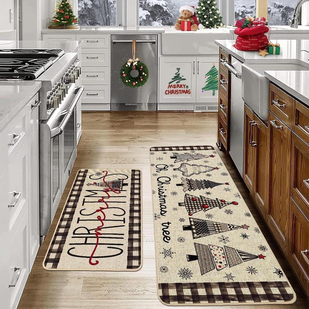 2pcs Christmas Atmosphere Floor Mat Non-slip Stain-resistant Bathroom Mat Kitchen Rug for Holiday Home Decoration