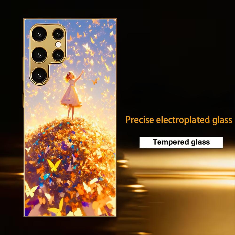 Butterfly Protective Cover Girl High-end Electroplating Glass PhoneCase for Samsung Galaxy S26 S25 S24 S23 S22 S21 FE,Ultra,Plus