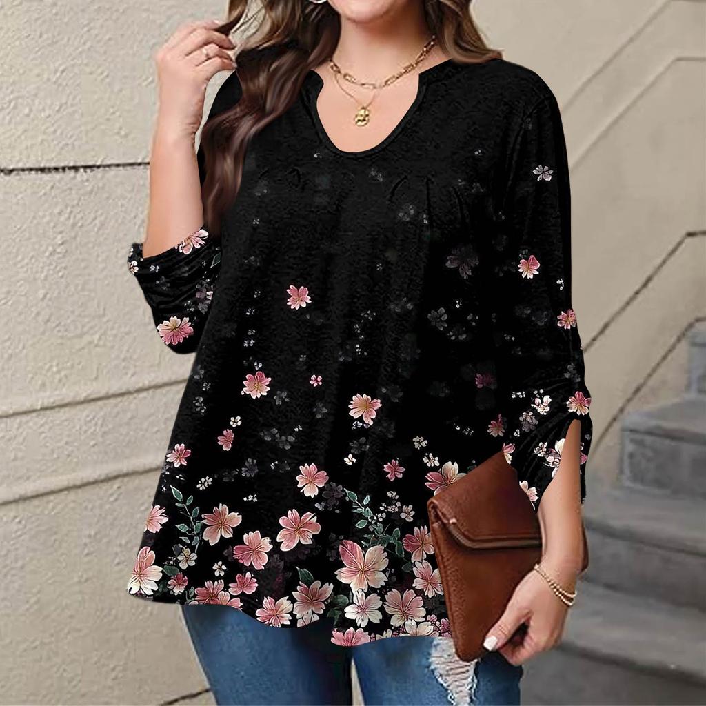 Women's Plus Size Fashion Printed Casual Pleated Round Neck Long Sleeve Top