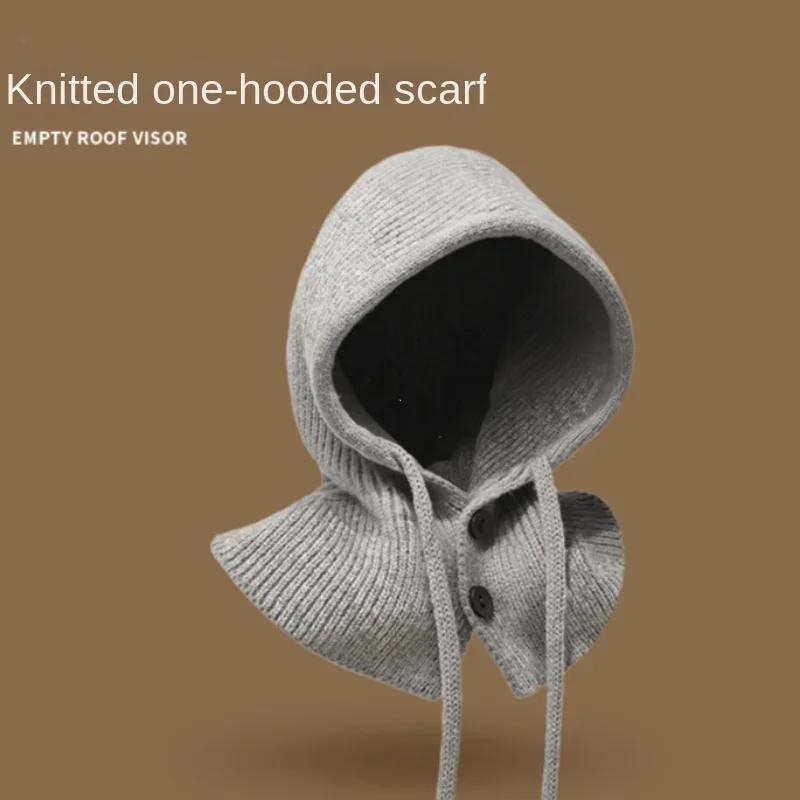 Korea Winter Hats and Scarf Set with Botton Scarf Balaclava Hat Warm Neck Set Women Knitted Wool Pullover Hat Gothic Y2k