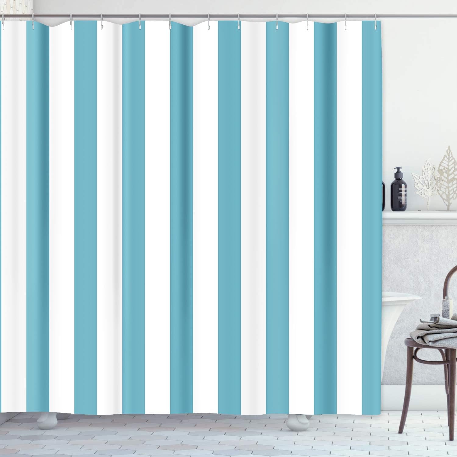 

Turquoise And White Vertical Stripe Shower Curtain 160X180Cm Coastal Style Bathroom Decoration W60H190(CM)-1 Pcs