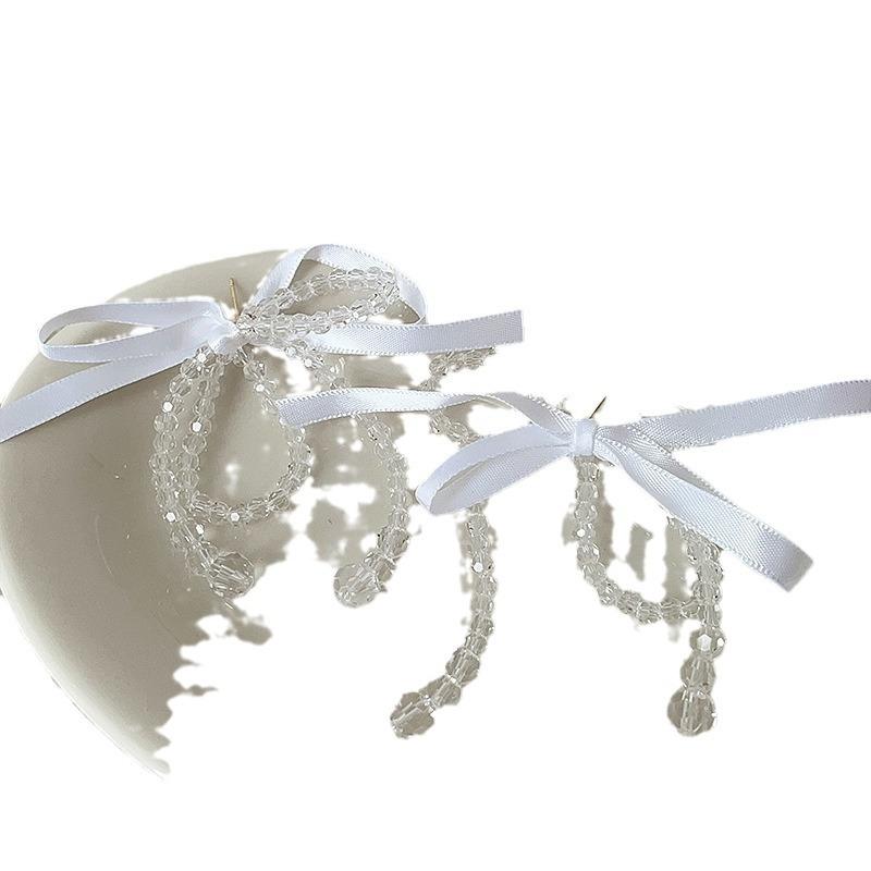 Crystal Beaded Streamer Bow Stud Earrings Female Personality Unique Exaggerated Fashion Temperament Elegant Versatile Earrings