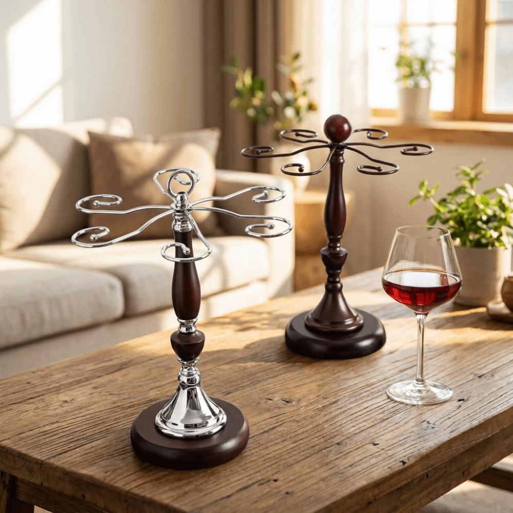 Freestanding 6 Bottles Wine Glass Rack Wooden High-Stem Glass Holder Bar Accessory