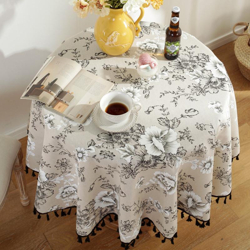 Floral Linen Cotton Tablecloth with Tassel Round Table Cover Dining Table Cover Tea Table Cloth Retro