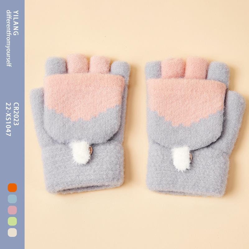 

Flip Half Finger Female Five Finger Plush Winter Typing To Keep Warm Japanese and Korean Children Male Fingers Thickened Student Gloves