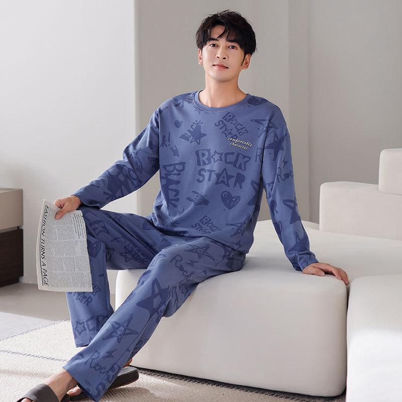 Pajamas Men'S Spring And Autumn Cotton Long Sleeve Crew Neck Casual Blue Autumn Loungewear Large Size Set