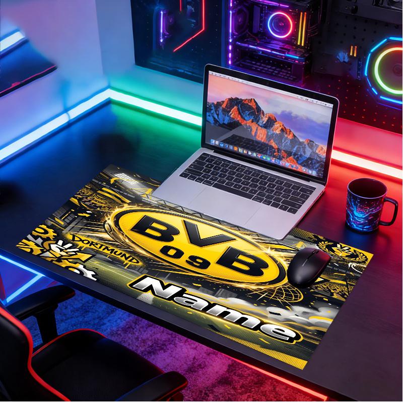 Custom Name Personalized Borussia Dortmund Bvb Pattern Mousepad, Laptop PC Desk Mat, Decorative Desk Mat for Home Keyboard Pad Gift