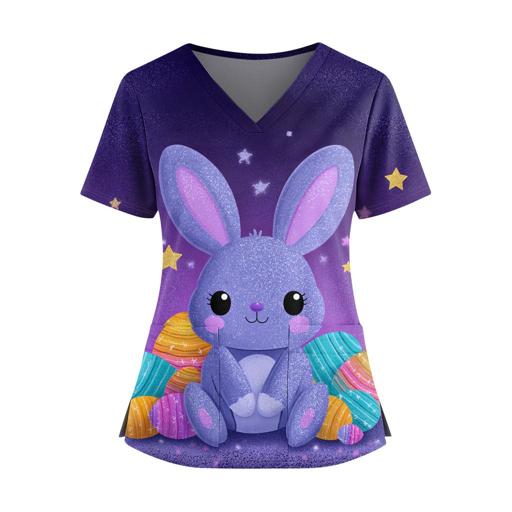 Women's Easter Print V-Neck Double Pocket Short Sleeve  Uniform Top With Slit Hem