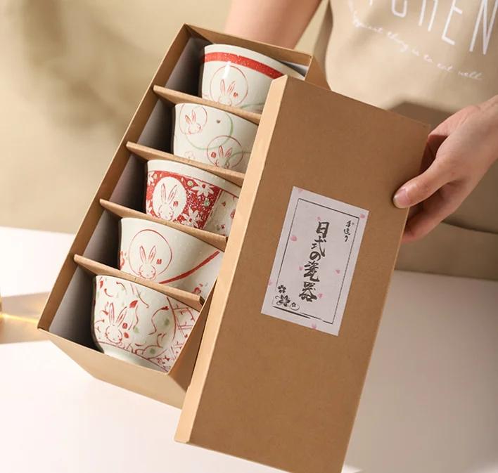 4.5 inch Japanese ceramic bowl, kitchen utensils, soup bowl, printed pattern gift box, 5 pieces ceramic bowl bowl set ramen bowl