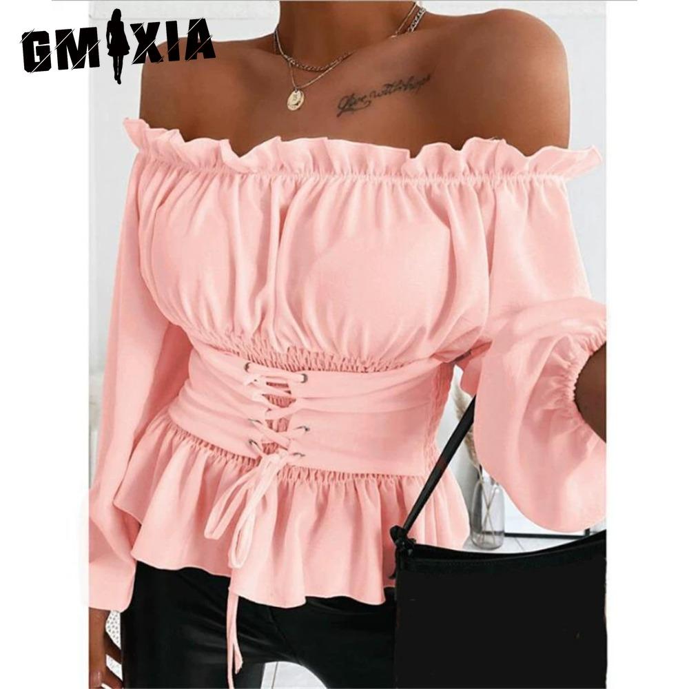 

GMXIA Женские модные повседневные однотонные блузки и рубашки с длинным рукавом с принтом XXXL розовый