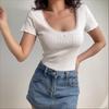 Summer cotton Sexy Solid lace jacquard t shirts Women‘s square collar Short-sleeve T-shirt casual Slim Elastic Skinny y2k Tops