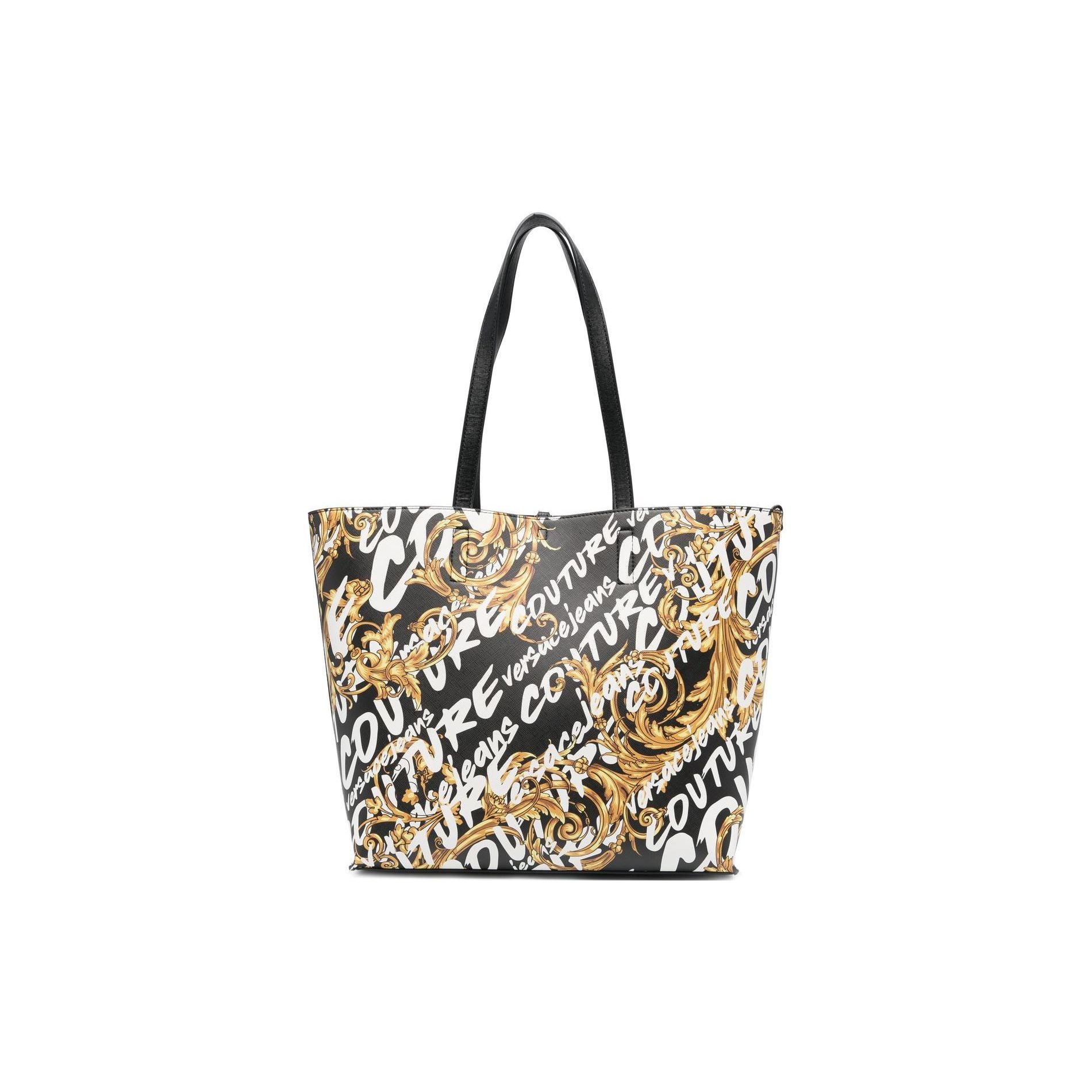 Versace Jeans Couture Iconic Baroque Print Logo Tote Bag Women Tote Bags Black White Gold 73VA4BZ1-ZS495-G89 Basic Set (Bag+Dust Bag)