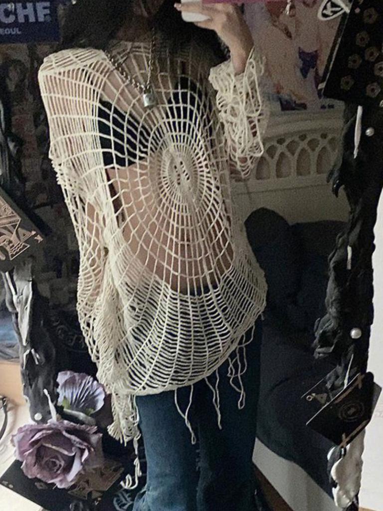 Women Y2k Clothes Spider Web Hollow-Out Hole Spice Girl Hooded Pullover Knit Top Sweater Fashion Long Sleeve Vintage Style