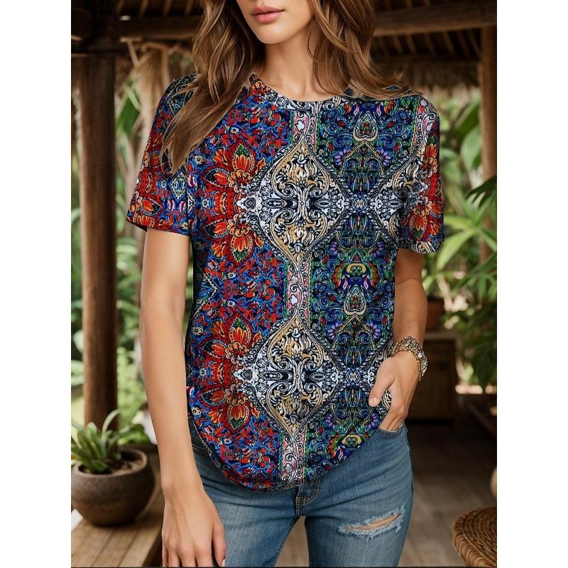 Retro Floral Print Damen T-Shirt Sommer Locker Lässig Kurzarm Tees Oberteile Kleidung Mehrere Stile und Größen zur Auswahl