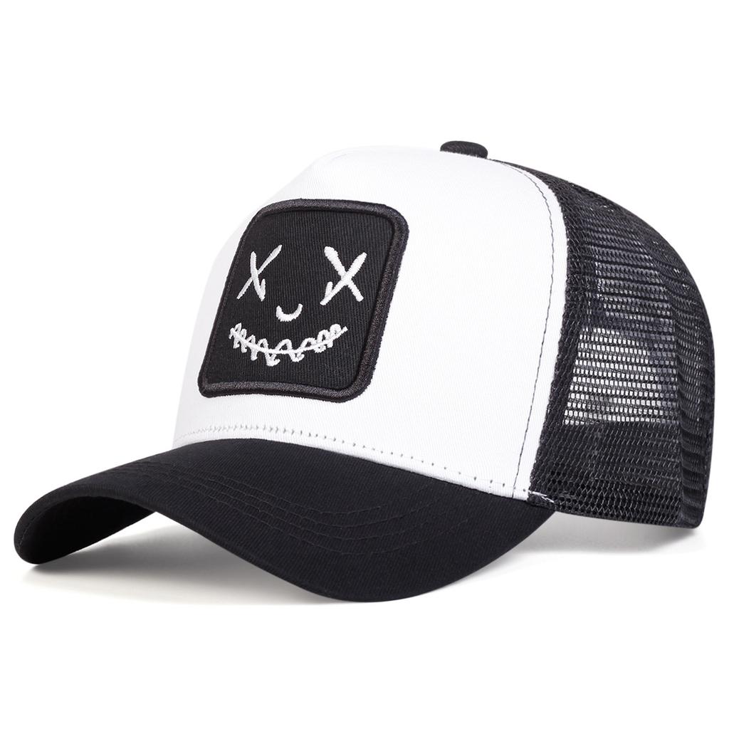 X Eyes Smiley Patch Trucker Hat, Mesh Back Adjustable Curved Brim Baseball Cap for Streetwear