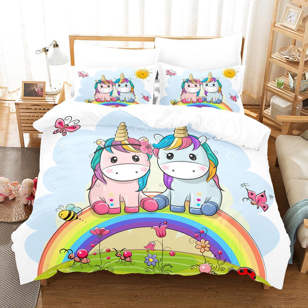 Cartoon Rainbow Unicorn Bedding Sets 135x200 Duvet Cover Set Pillowcases Queen Single Double Twin Size Bed Linen For Kids Girls