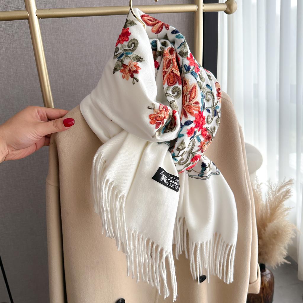 Fashion Luxury Embroidery Scarf Elegant Women Winter Thick Warm Neck Pashmina Long Fringe Scarves Lady Blanket Soft Shawl