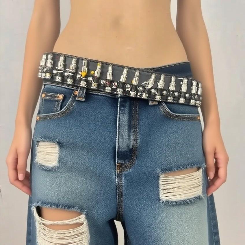 The New American-style Fashion Inlaid Bullet-shaped Belt with Irregular Color Prints and A Unique Punk Decorative Waistband