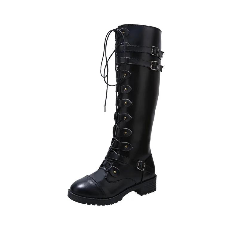 Fashion Women Knee High Boots Autumn Winter Lace Up Flat Shoes Sexy Steampunk PU Retro Buckle Women Shoes Ladies Snow Boots Yui8