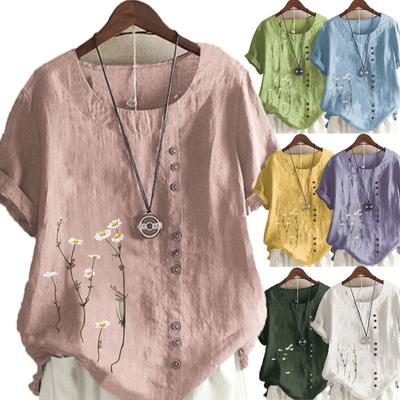 Cotton and Linen Fashion Casual Printed Round Neck Short Sleeve T-shirt Tops Women