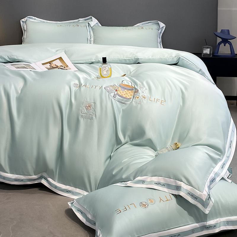 Set da letto in seta lavata, quattro pezzi, copripiumino ricamato di alta qualità in seta di ghiaccio, set da tre pezzi
