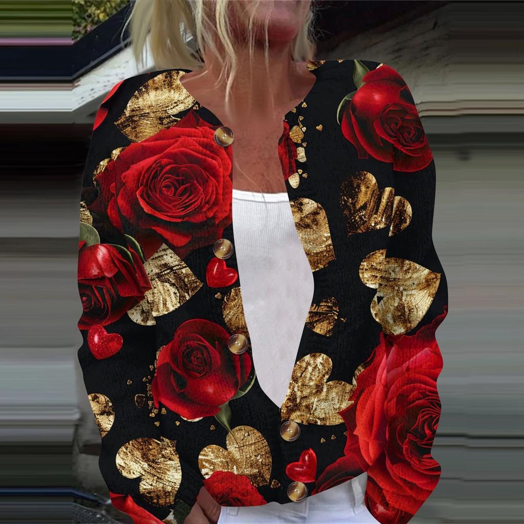 Women's Fashion Valentine's Day Heart Printed Long Sleeve Knitted Cardigan Button Jacket