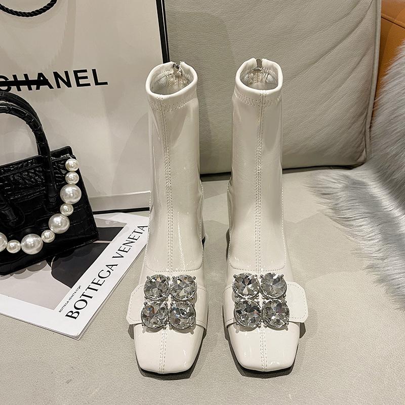 Square head short women's rhinestone thick heel high heels patent leather thin versatile small medium tube elastic