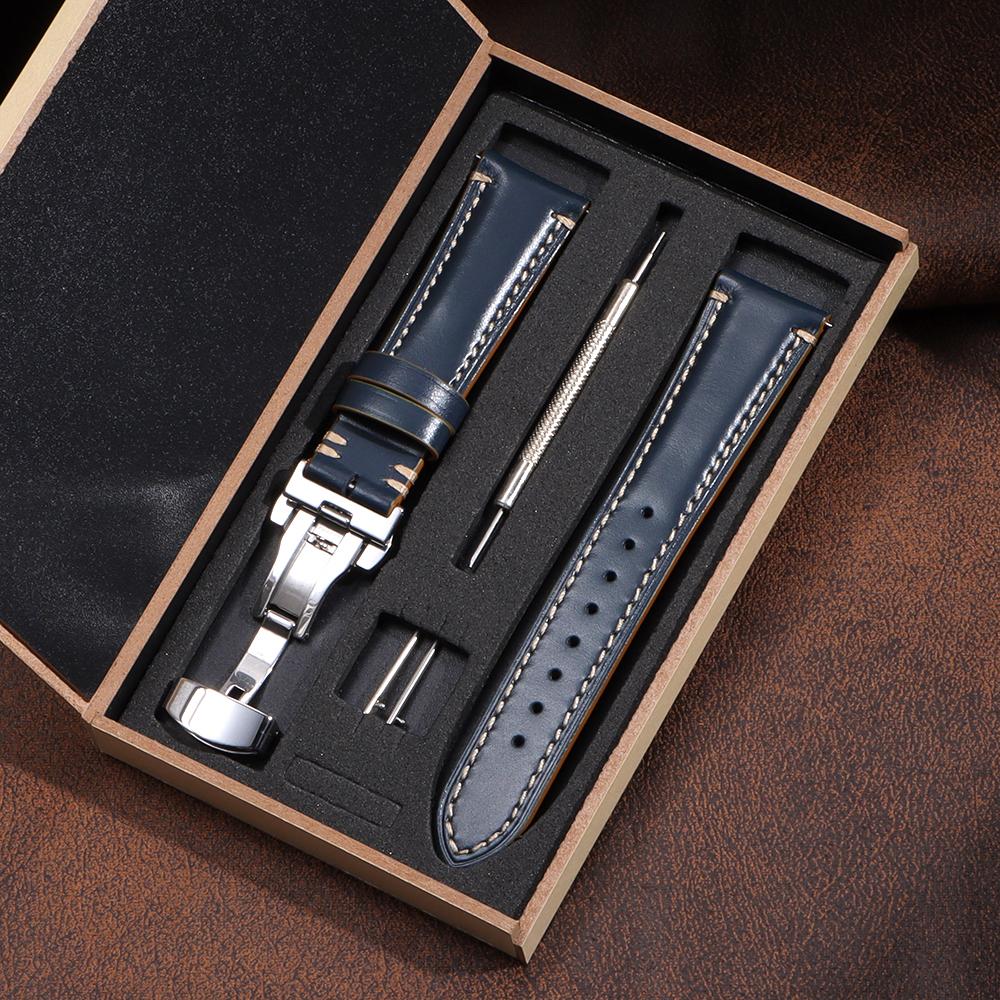 Vintage Calfskin Watch Strap 20mm 22mm 24mm Handmade Stitching Cowhide Watchband Stainless Steel Butterfly Clasp Bands with Box