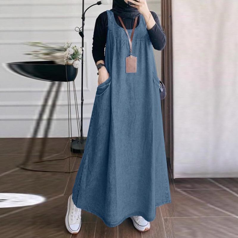Summer Autumn Overalls Dress Muslim Sundress Robe Femme Vintage Straps Solid A Line Denim Blue Vestidos Kaftan