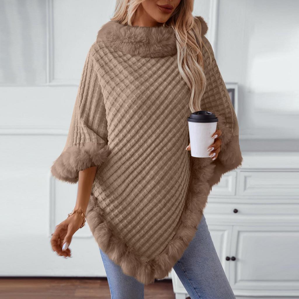 Women's Solid Color Wool Collar Pullover Sweater Thick Vintage Plaid Knitted Cloak Shawl For Party