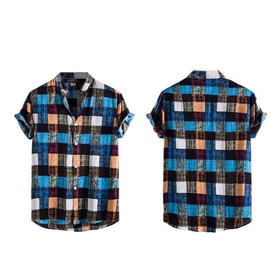 Stand Collar Short Sleeve Men Shirt Buttons Closure Men Plaid Printed Shirt Streetwear
