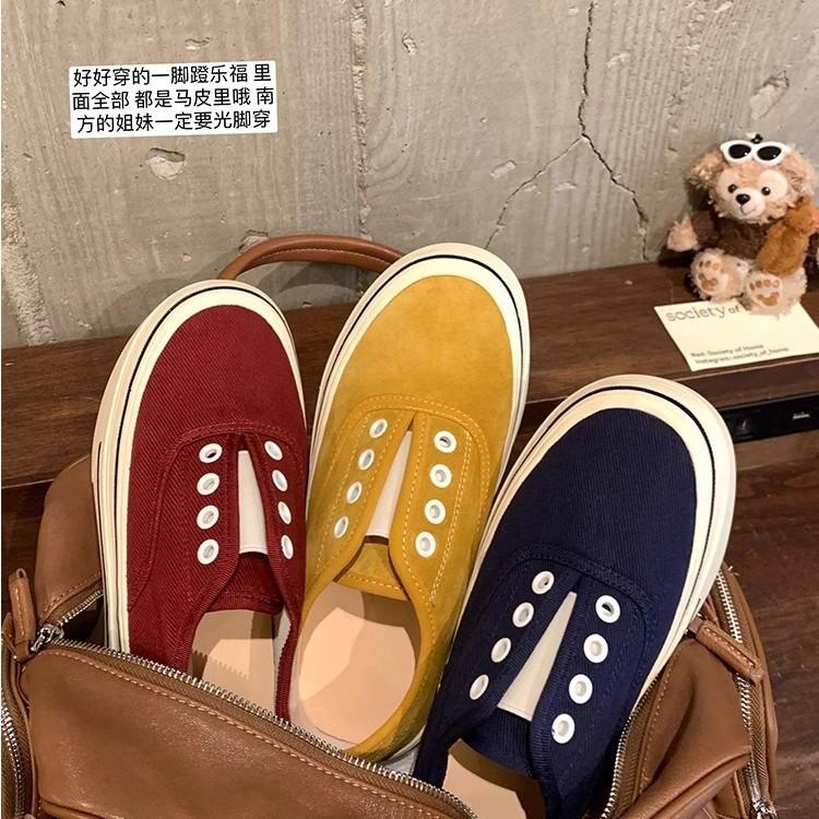 Cowhide version Su Yinyin of the same style, one-pedal leather round head thick sole height increase casual canvas shoes women's board shoes white sho