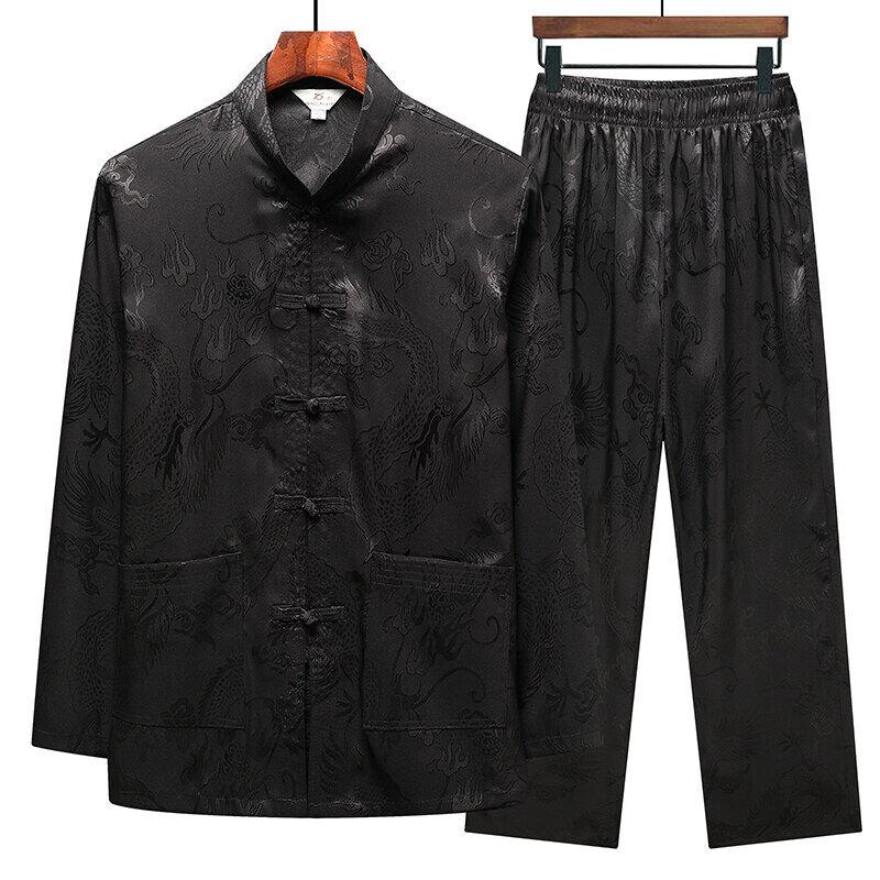 

Spring/Autumn Men s Lightweight Ice Silk Tang Suit Set Long Sleeve for Middle-aged and Elderly Fathers XS чёрный