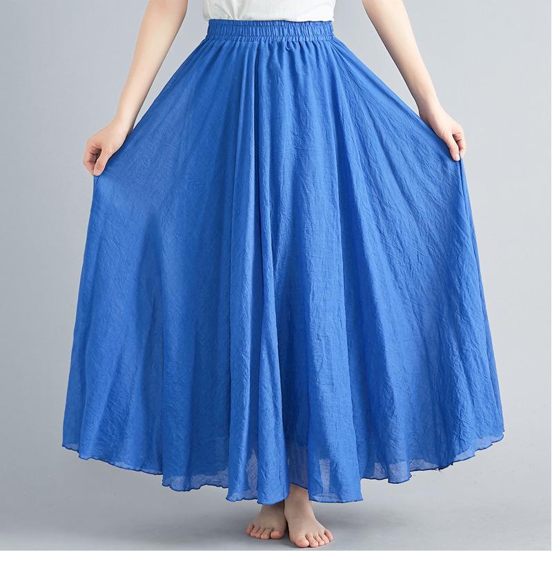 2024 Japan & Korea Loose Cotton-Linen Elastic Waist Midi Skirt – Solid Color A-line Swing Skirt