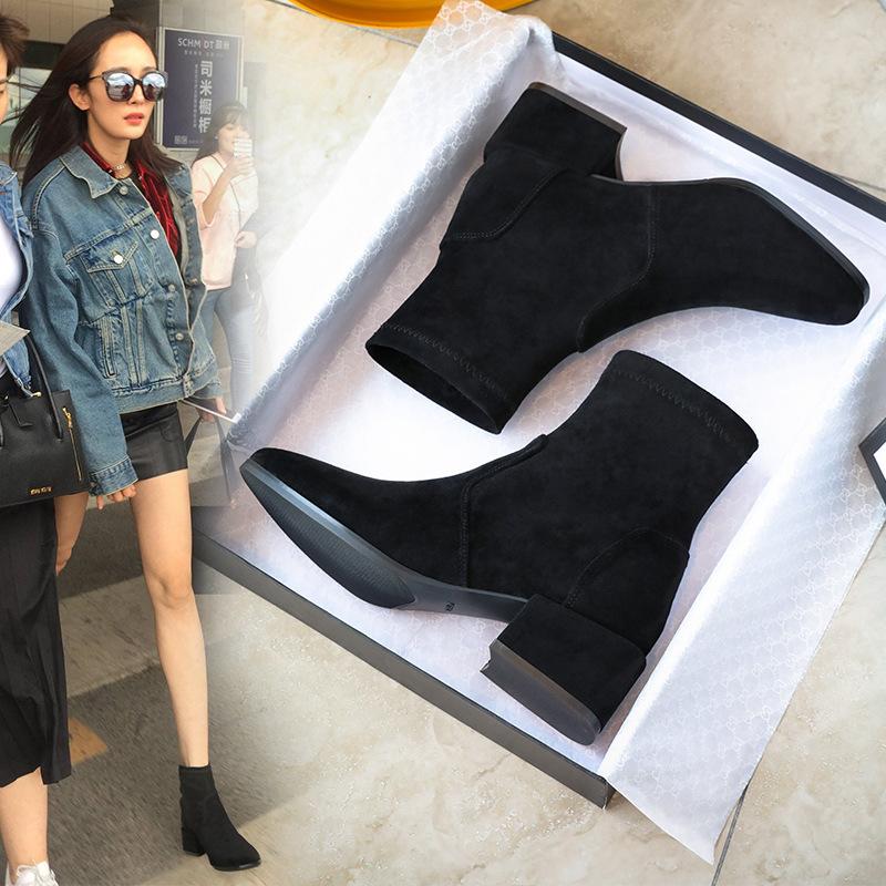 Large Size 32-43 Square Heel For Women Boots Fashion Suede Ankle Boots Women Shoes High Quality Zipper High Heel Boots Woman
