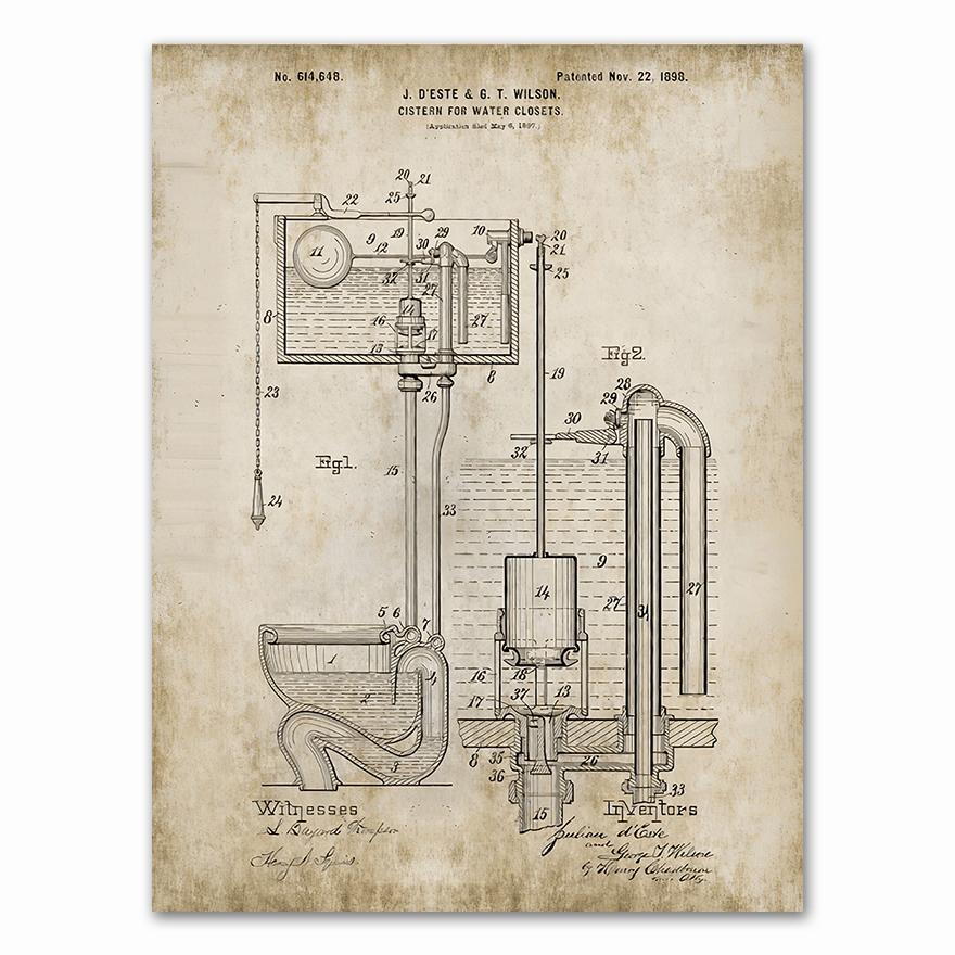 Bathroom Patent Vintage S Prints ,Toilet Roll,Cistern,Lavatory Design,Loo Canvas Painting Blueprints Home Wall Art Decor