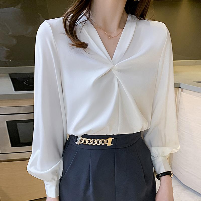 Fashion Blouses Shirts Long  Sleeve V-Neck Office Lady Black White Chiffon Blouse Shirt Women Tops J753