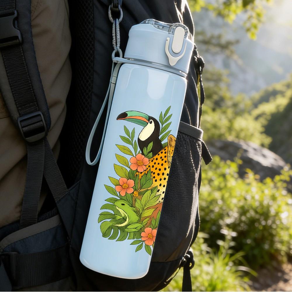 1PC Tropical Leopard Pattern 750ml Color Plastic Sports Water Bottle Leakproof Flip Straw Lid Suitable for Sports Office Home Use