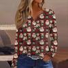 Women's Fashion Casual V-Neck Button-Up Long-Sleeve T-Shirt With Christmas Print Top